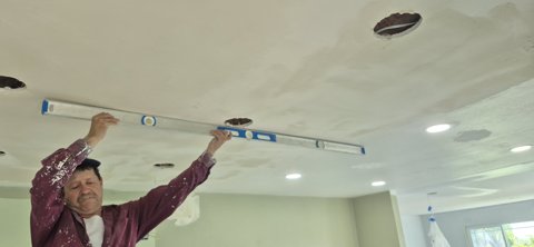 we will get more photos from Augustine later, but there was more repairs and touch up than we thought for the drywall so it will take more time. Ceiling is being planned down and it is needing lots of mud, there are also several other cracks and repairs still being worked on as well as prepping to do a fresh texture across, but big progress has been made